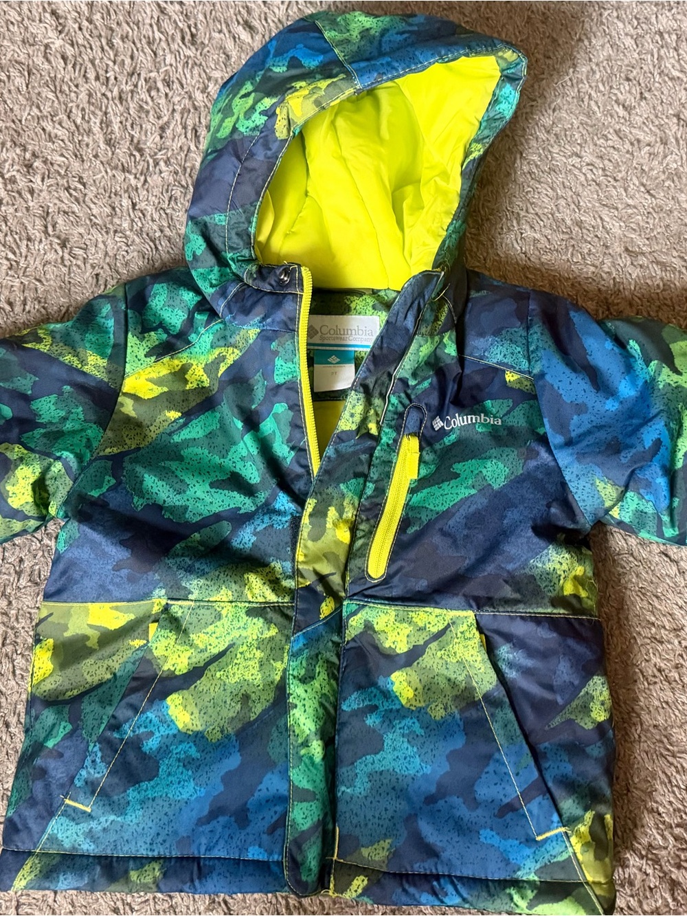 Columbia Blue, Green & Yellow Kids Camo Hooded Puffer Jacket